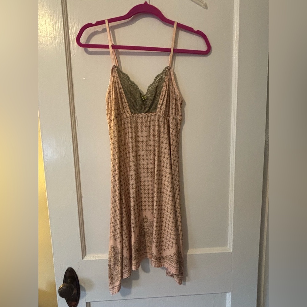 DKNY Patterned Chemise with Lace - Pink and Green - Size Small